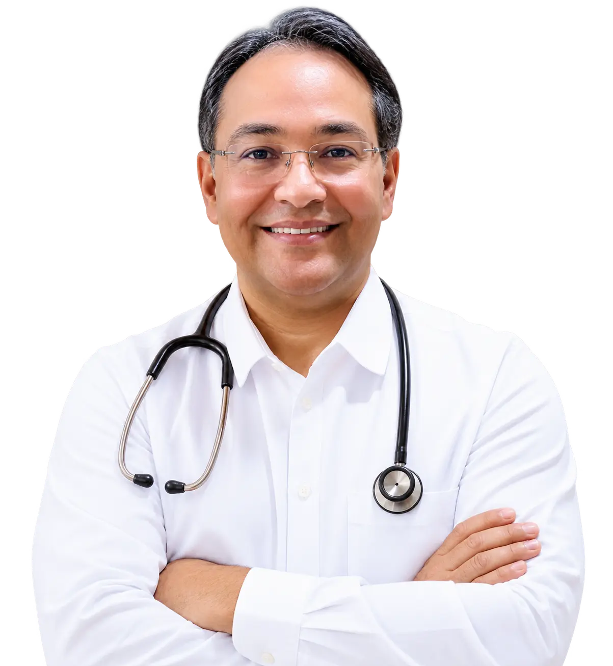 Dr. Márcio Lindoso com camisa branca e estetoscópio